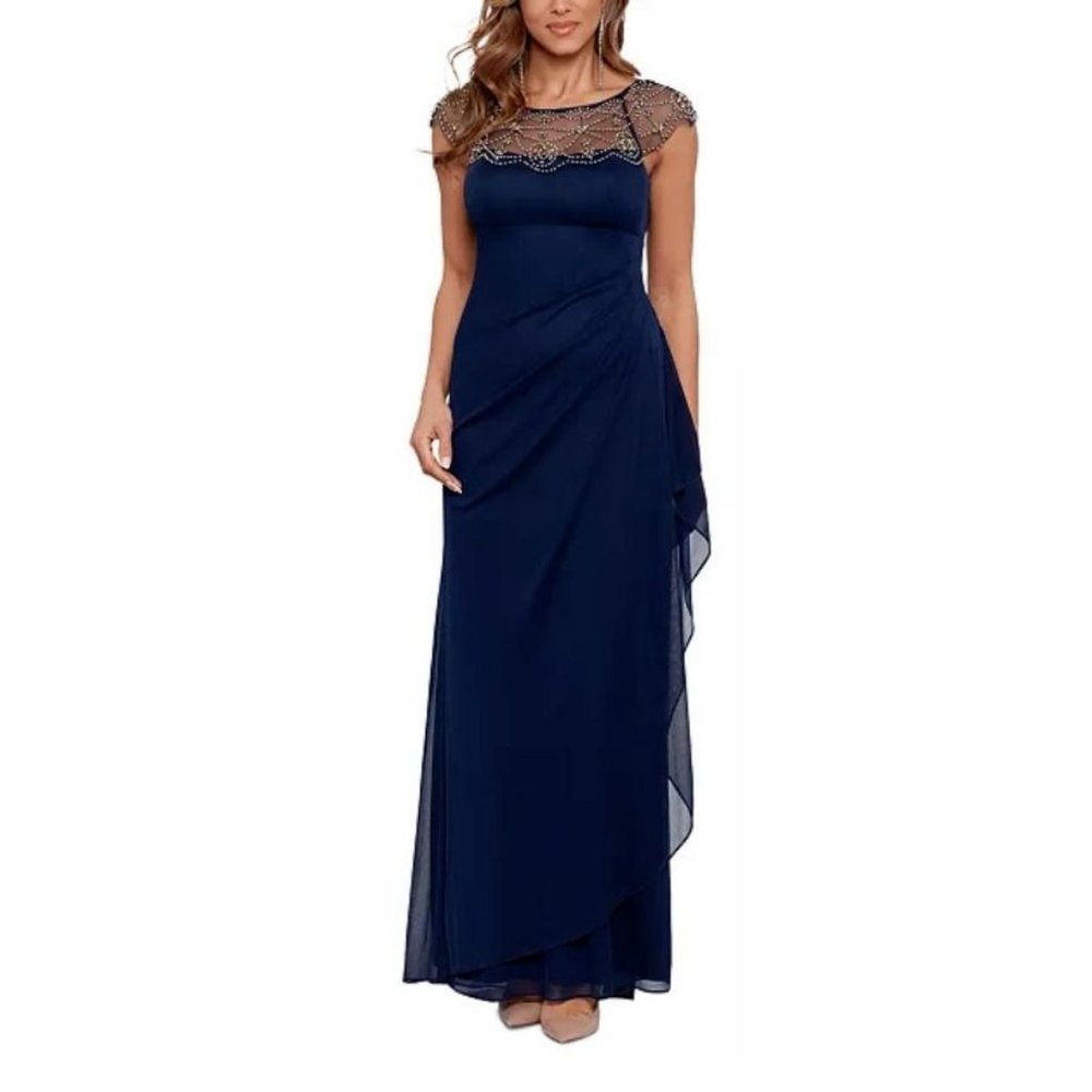 Xscape Dress Blue 16 Long Beaded Ruffle Wedding Cruise Formal Mother o Bride NEW
